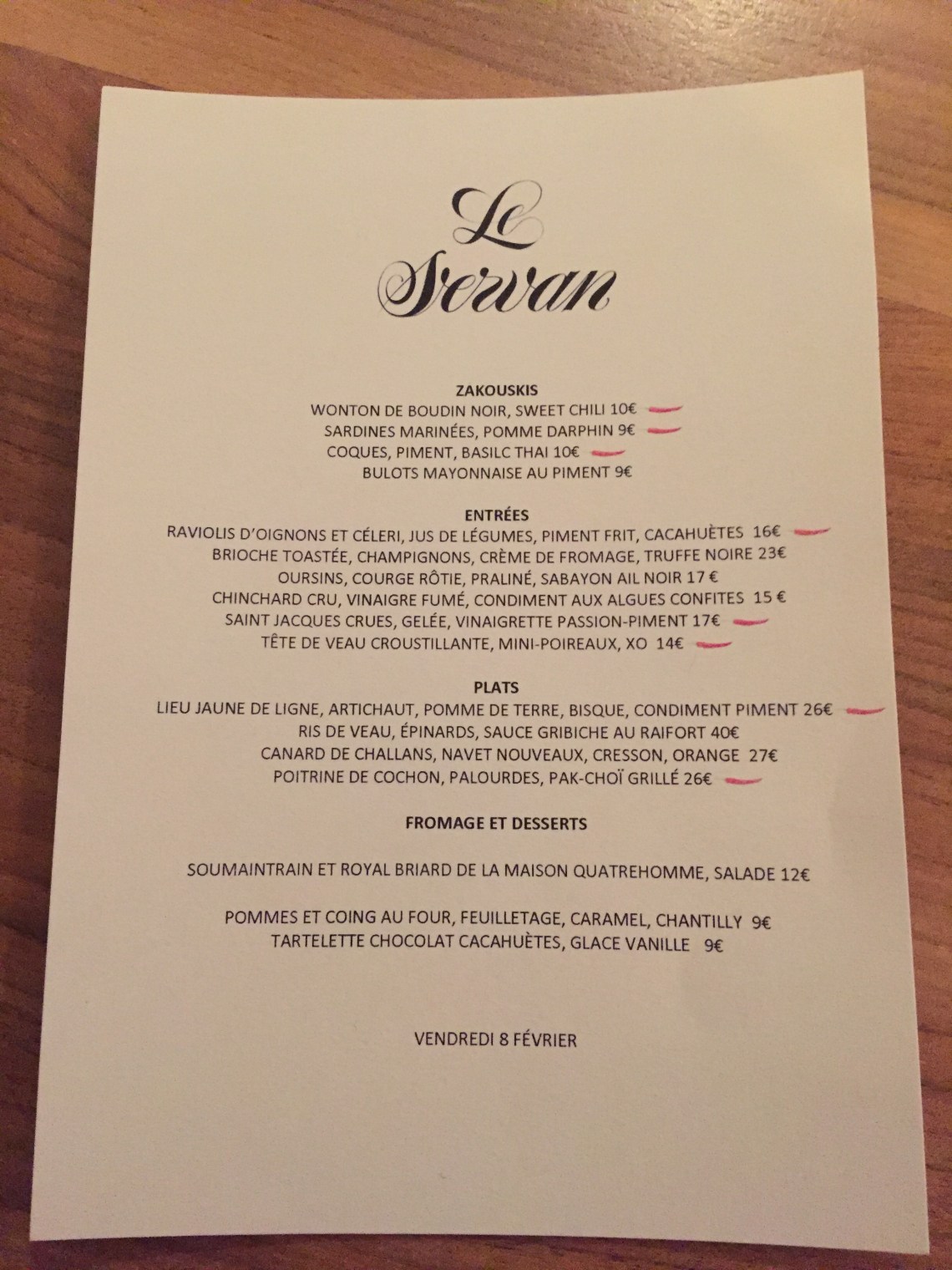 Le Servan menu